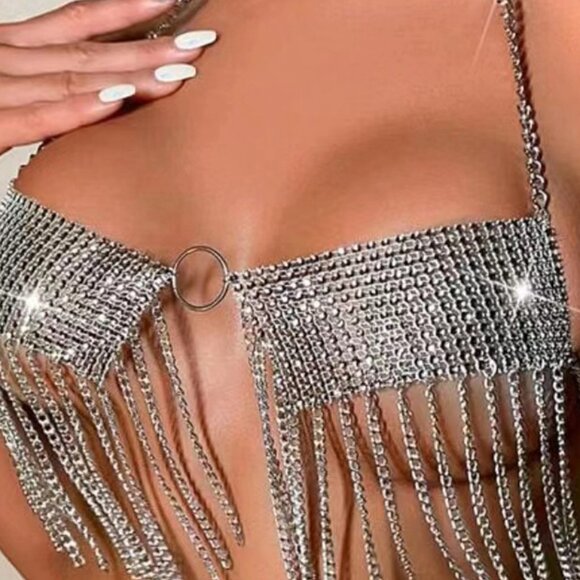 Women Sexy Sparkly Rhinestone Metal Chain Halter Top and Skirt Bodysuit  2 Piece - Picture 7 of 13